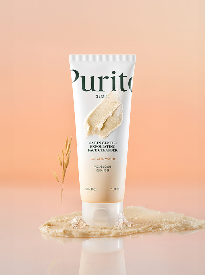 Purito Oat In Gentle Exfoliating Face Cleanser tube with oat stalk and cream texture — EmartGCC Kuwait