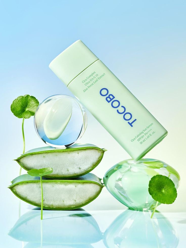 Tocobo Cica Calming Sun Serum with aloe vera slices and centella asiatica leaves — EmartGCC Kuwait