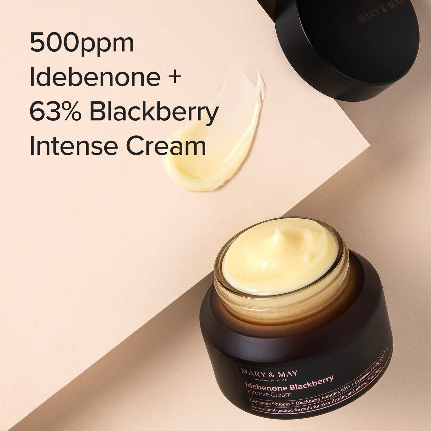 Mary&May Idebenone Blackberry Intense Cream open jar with cream texture swatch — EmartGCC Kuwait