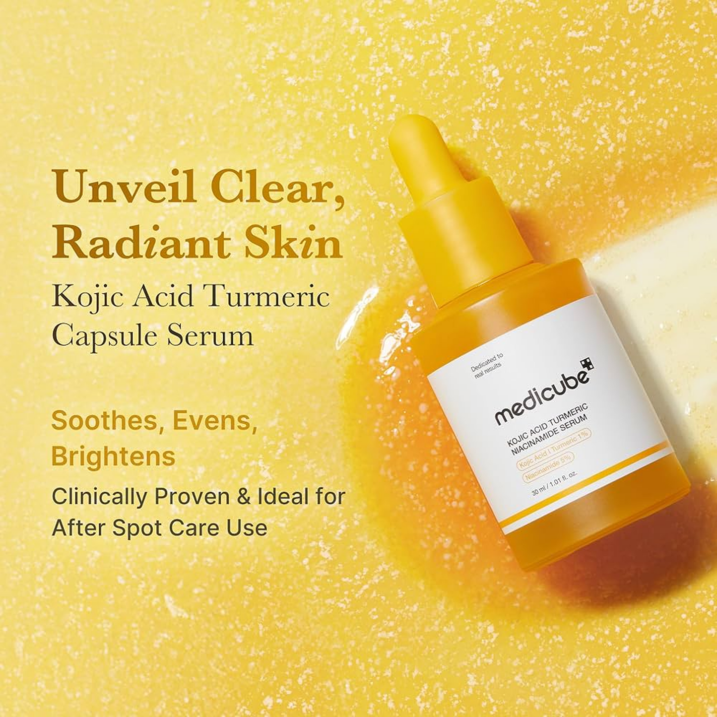 Key benefits of Medicube Kojic Acid Turmeric Niacinamide Serum: brightens dark spots, calms redness and smooths texture