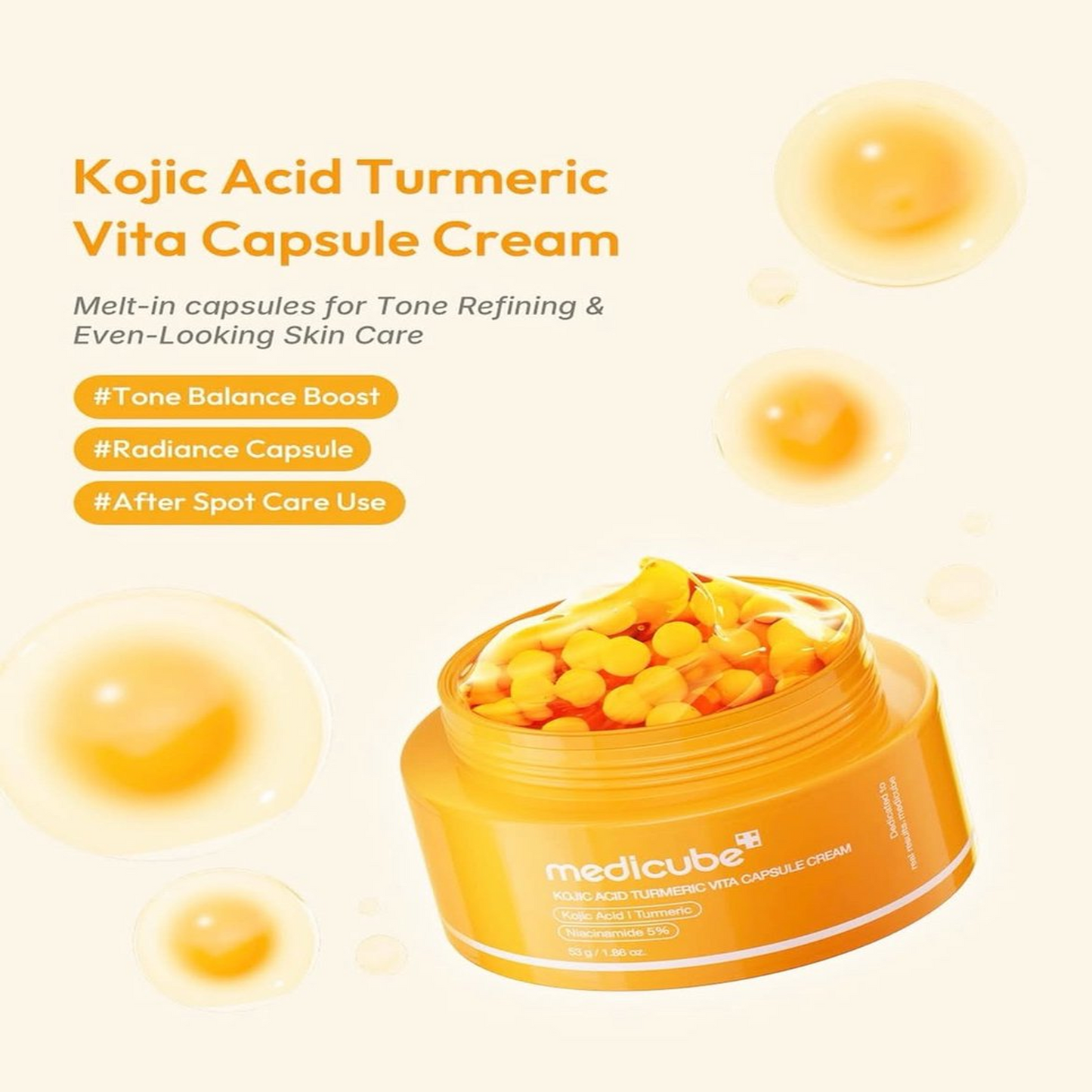 Medicube Kojic Acid Turmeric Vita Capsule Cream advantages — kojic acid, vitamin C and eight hyaluronic acid types