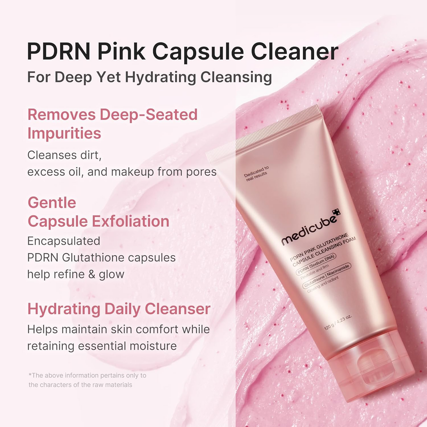 Medicube PDRN Pink Glutathione Capsule Cleansing Foam with visible capsules, glutathione and PDRN