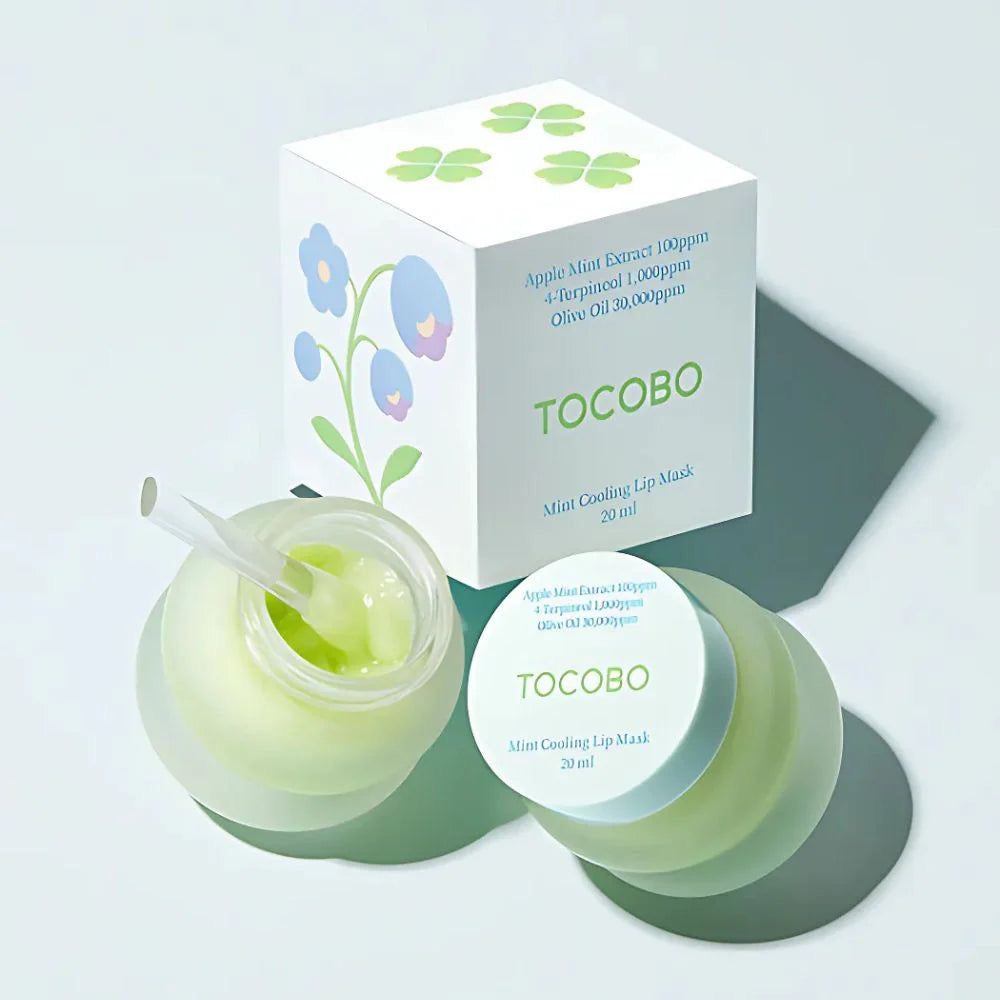 Tocobo Mint Cooling Lip Mask jar open with spatula and packaging box — EmartGCC Kuwait
