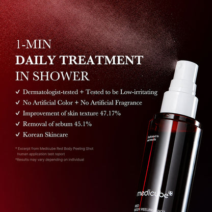 Key benefits of Medicube Red Acne Body Peeling Shot: clearer body skin, unclogged pores and smoother texture