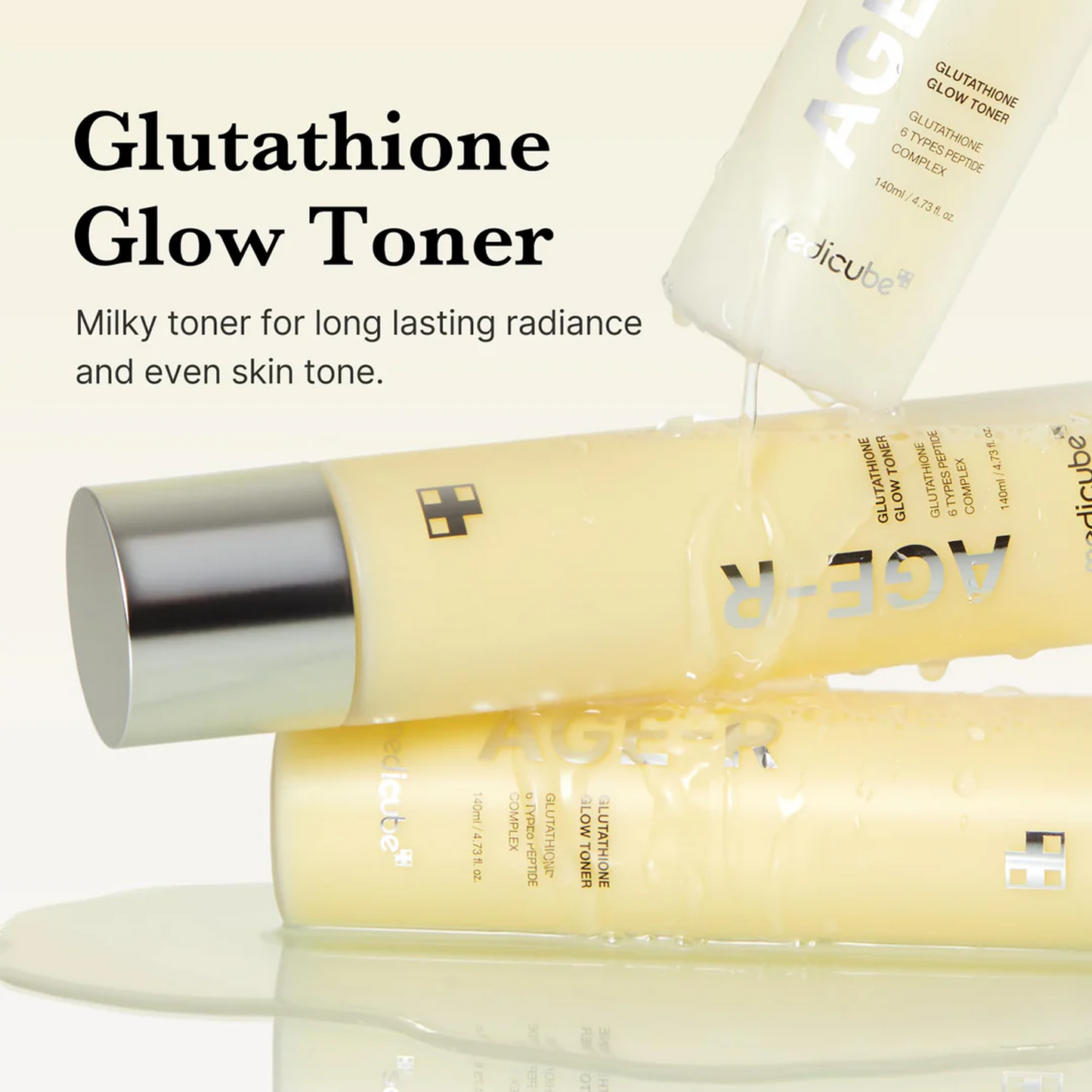 Key benefits of Medicube AGE-R Glutathione Glow Toner: brightens dull skin and supports elasticity