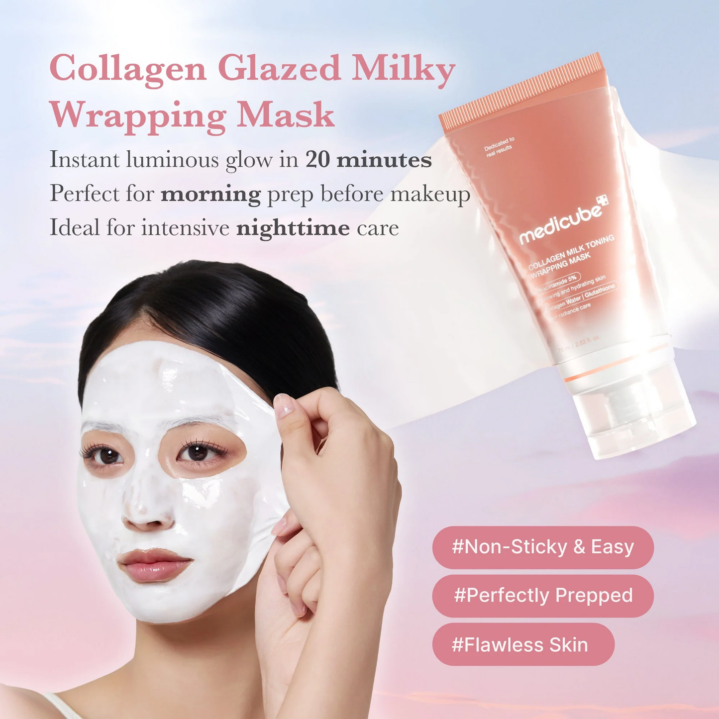 Key benefits of Medicube Collagen Milk Toning Wrapping Mask: hydration, firmness and brighter, more even tone