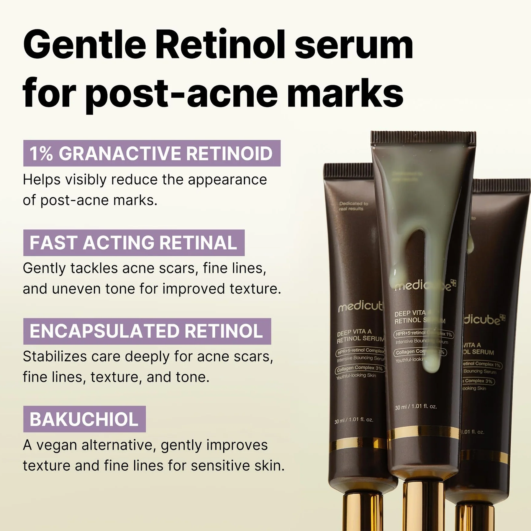 Key benefits of Medicube Deep Vita A Retinol Serum: boosts collagen, reduces fine lines and improves elasticity