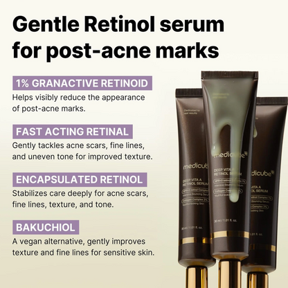 Key benefits of Medicube Deep Vita A Retinol Serum: boosts collagen, reduces fine lines and improves elasticity