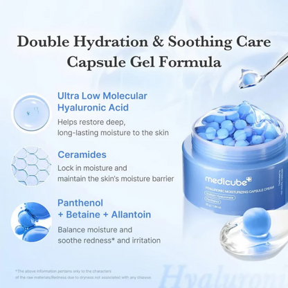 Key benefits of Medicube Hyaluronic Moisturizing Capsule Cream: deep hydration and smooth, calm skin