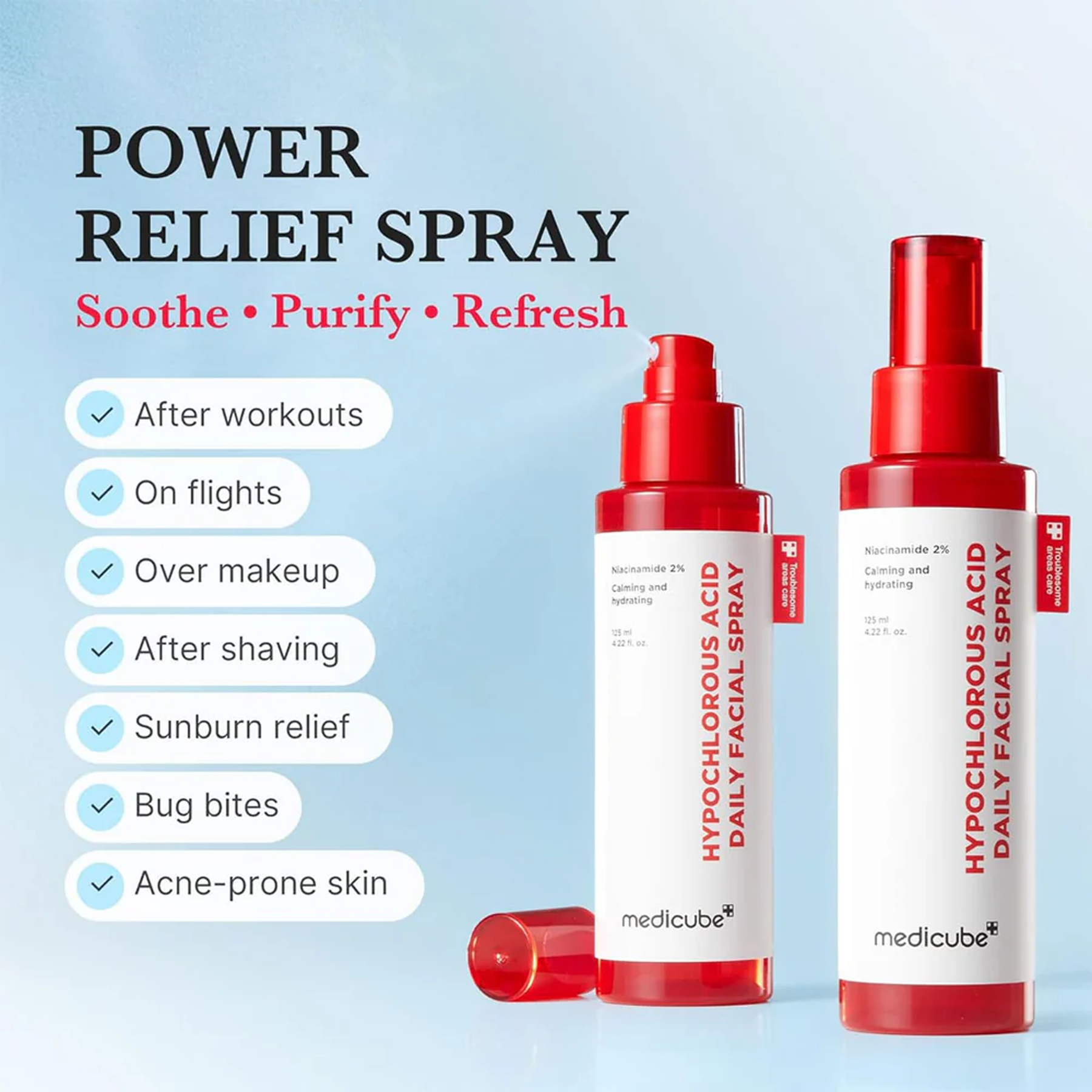 Key benefits of Medicube Hypochlorous Acid Daily Facial Spray: soothes irritation, purifies and evens skin tone