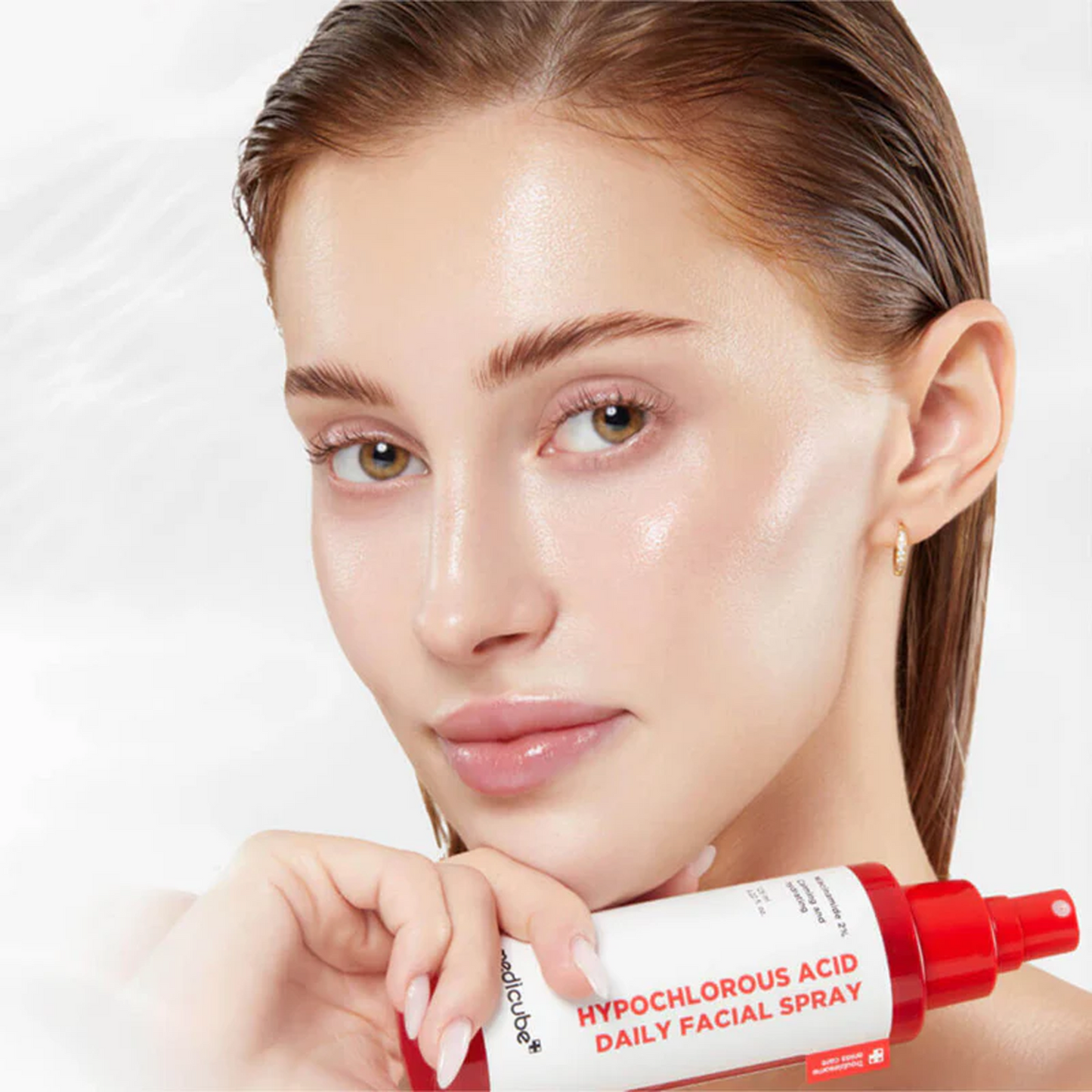 Medicube Hypochlorous Acid Daily Facial Spray fine mist application over makeup