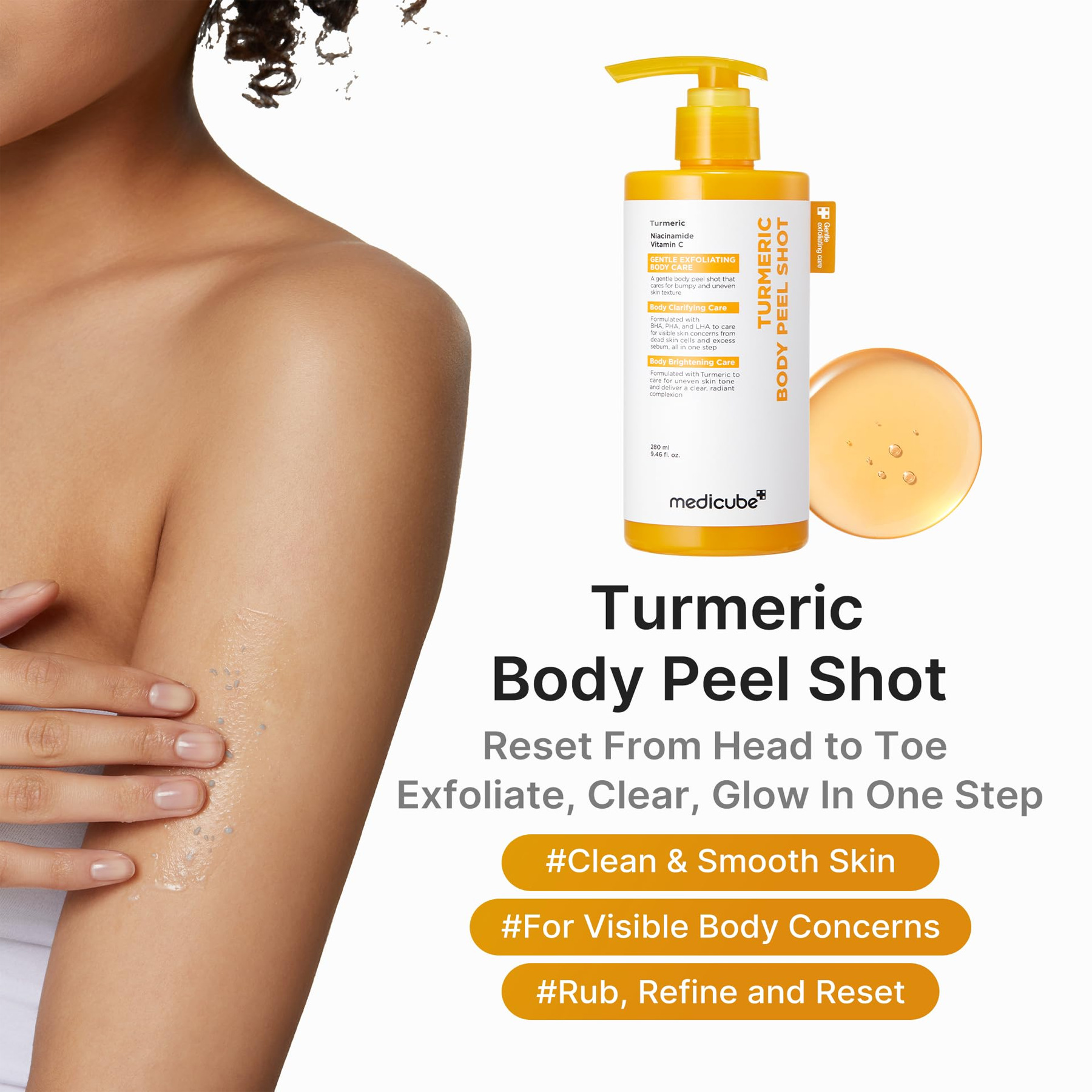 Key benefits of Medicube Kojic Acid Turmeric Body Peel Shot: brighter knees and elbows, smoother texture and even body tone