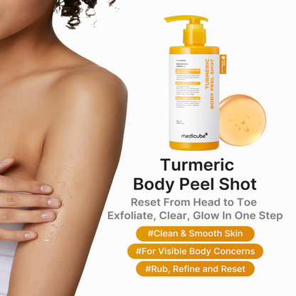 Key benefits of Medicube Kojic Acid Turmeric Body Peel Shot: brighter knees and elbows, smoother texture and even body tone