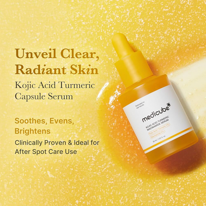 Key benefits of Medicube Kojic Acid Turmeric Niacinamide Serum: brightens dark spots, calms redness and smooths texture