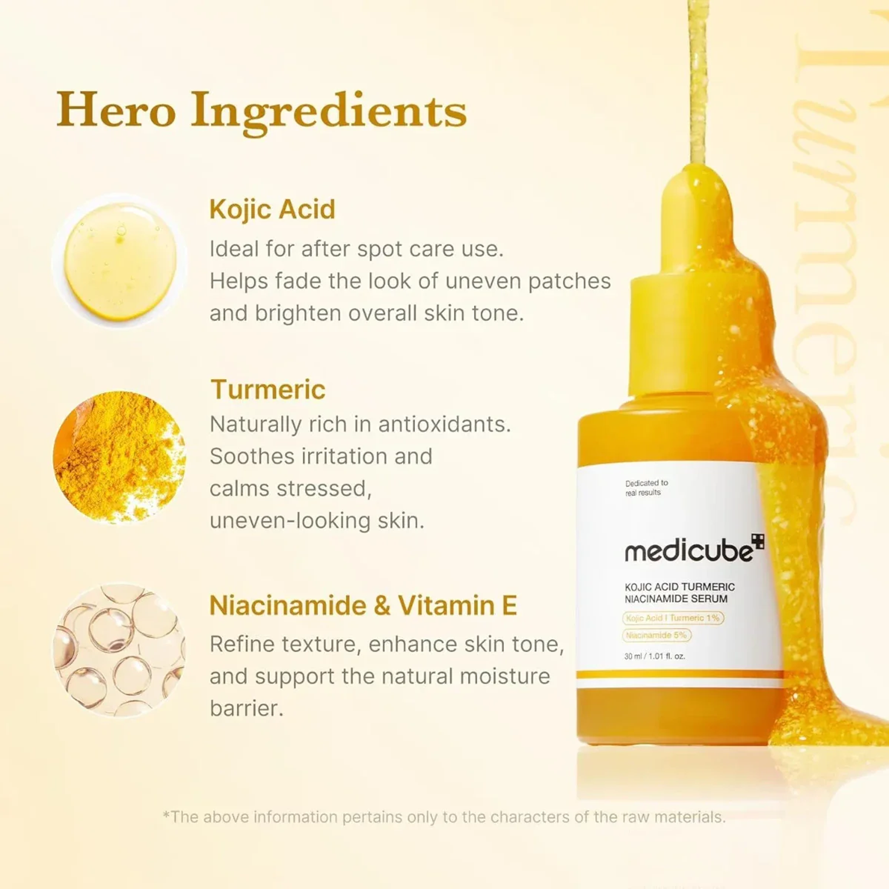 Key ingredients of Medicube Kojic Acid Turmeric Niacinamide Serum: kojic acid, turmeric, niacinamide and vitamin E