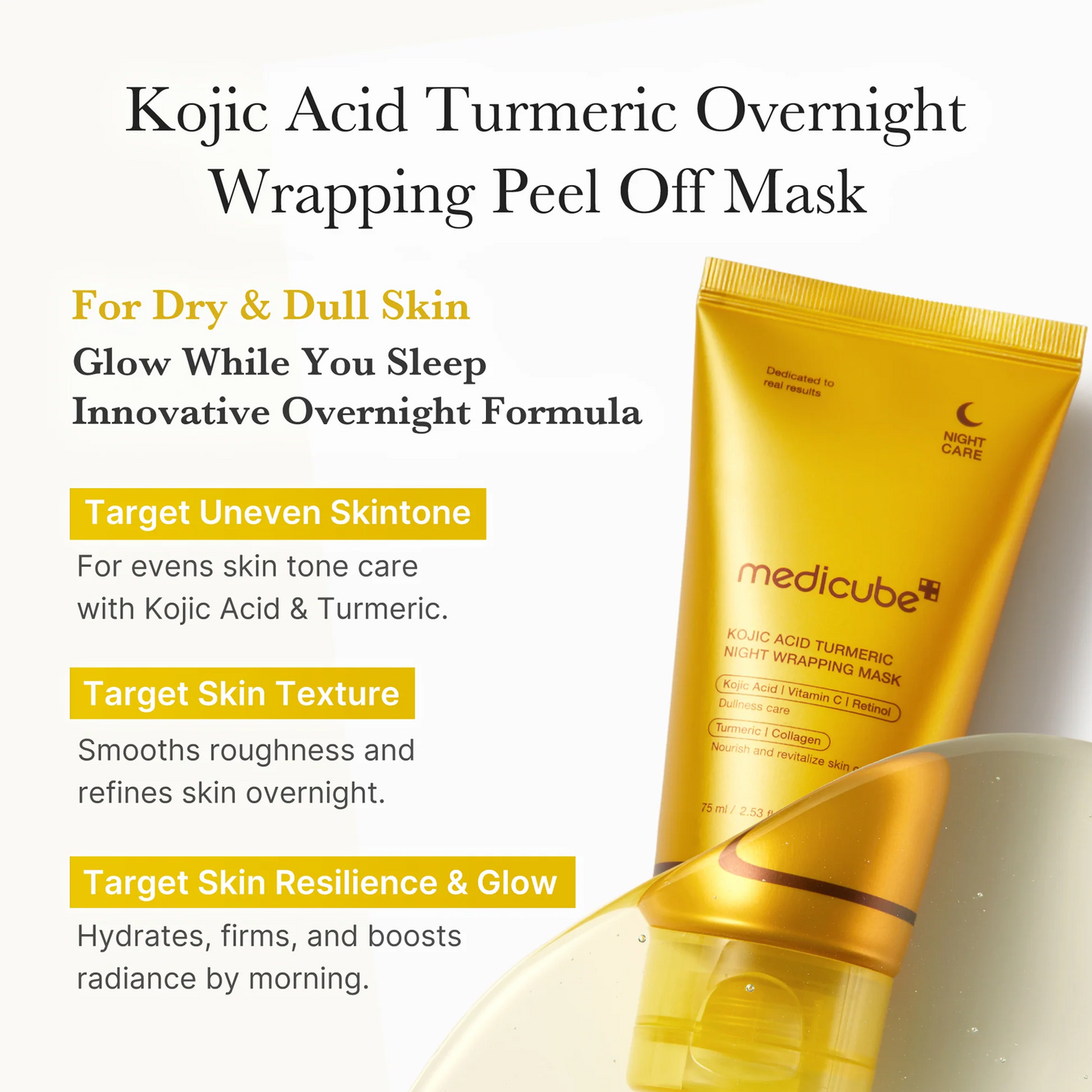 Key benefits of Medicube Kojic Acid Turmeric Night Wrapping Mask: brightening, even tone and overnight hydration