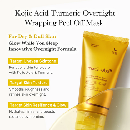 Key benefits of Medicube Kojic Acid Turmeric Night Wrapping Mask: brightening, even tone and overnight hydration