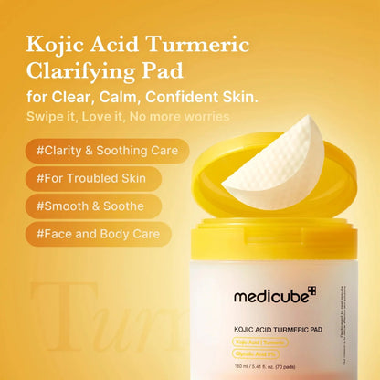 Key benefits of Medicube Kojic Acid Turmeric Pad: brightens dark spots, soothes skin and smooths texture
