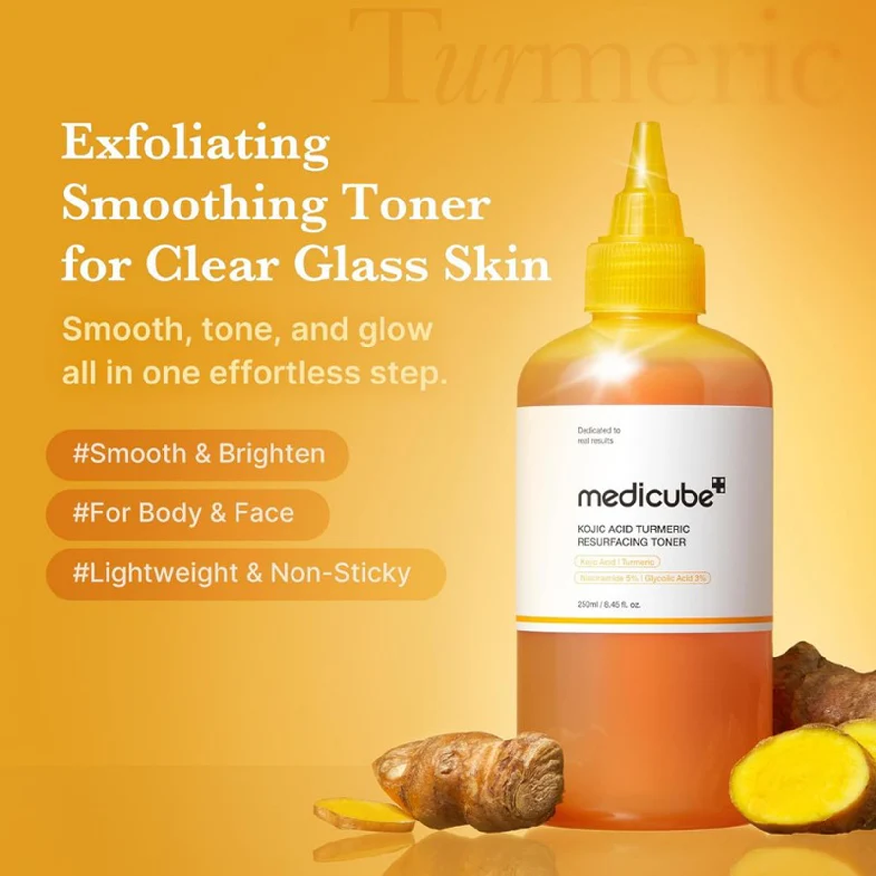 Key benefits of Medicube Kojic Acid Turmeric Resurfacing Toner: brightens tone, gently exfoliates and soothes skin