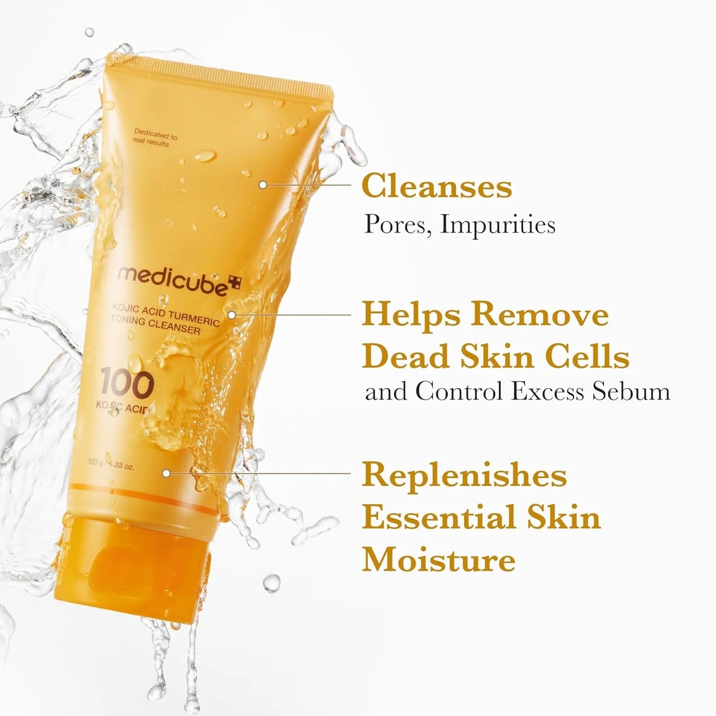 Key benefits of Medicube Kojic Acid Turmeric Toning Cleanser: brighter tone, deep cleansing and a shine-free finish
