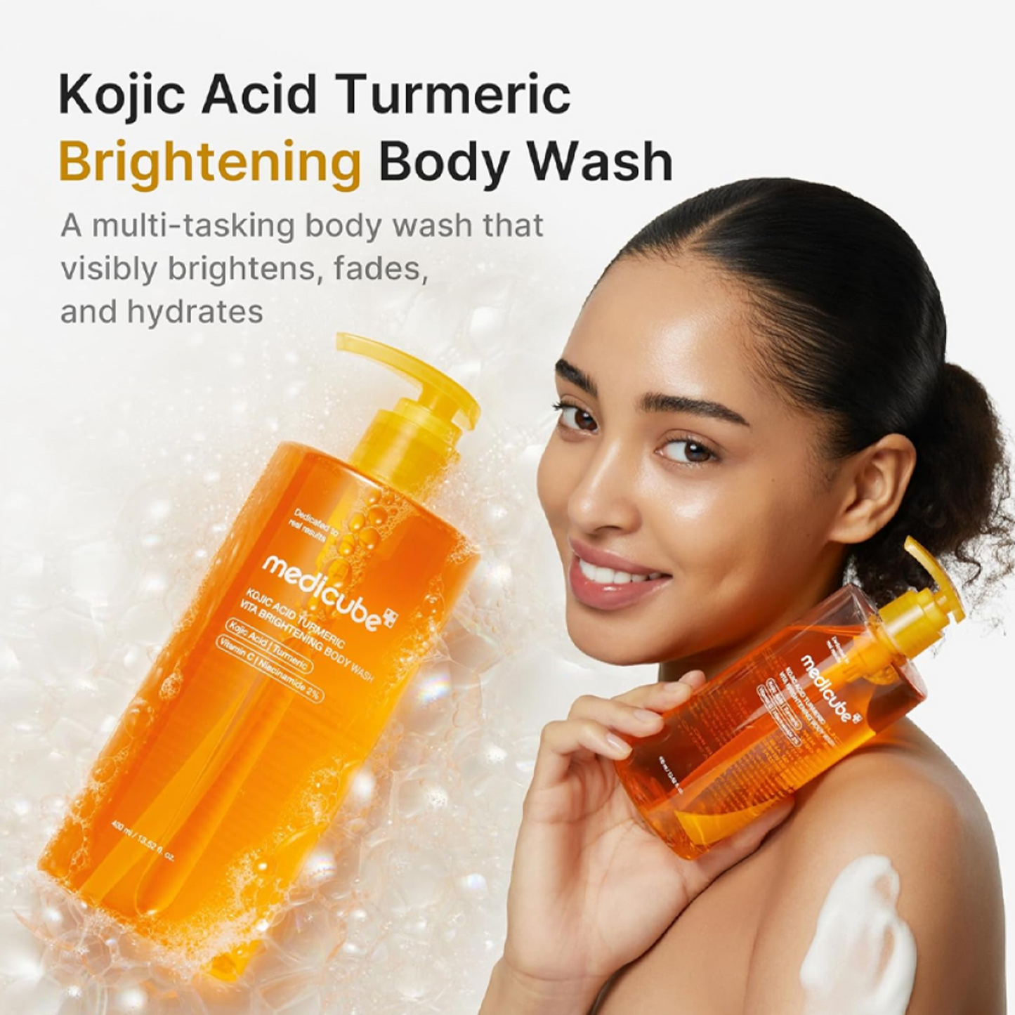 Key benefits of Medicube Kojic Acid Turmeric Vita Brightening Body Wash: smoother body skin, even tone and daily cleansing