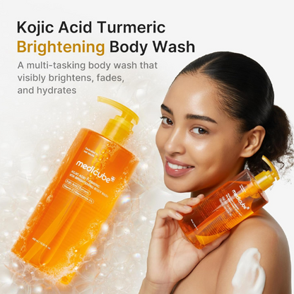 Key benefits of Medicube Kojic Acid Turmeric Vita Brightening Body Wash: smoother body skin, even tone and daily cleansing