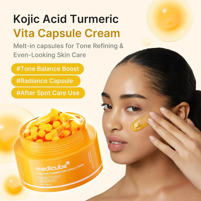 Key benefits of Medicube Kojic Acid Turmeric Vita Capsule Cream: even skin tone, calming care and deep moisture