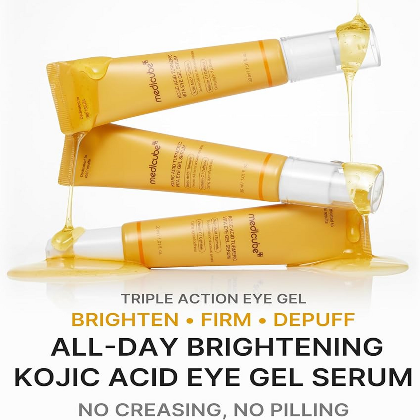 Key benefits of Medicube Kojic Acid Turmeric Vita Eye Gel Serum: brighter under-eyes, less puffiness and firmer skin