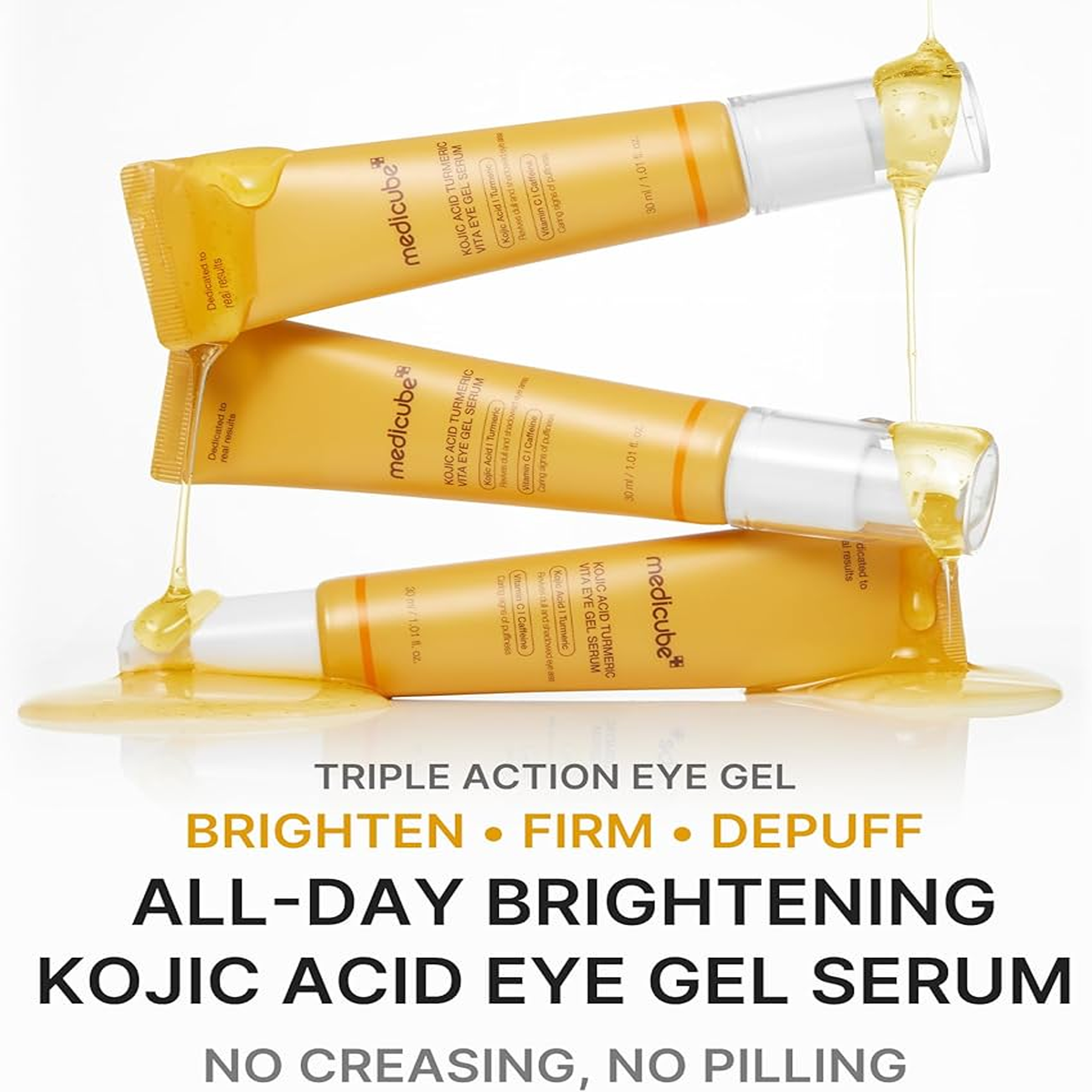 Key benefits of Medicube Kojic Acid Turmeric Vita Eye Gel Serum: brighter under-eyes, less puffiness and firmer skin