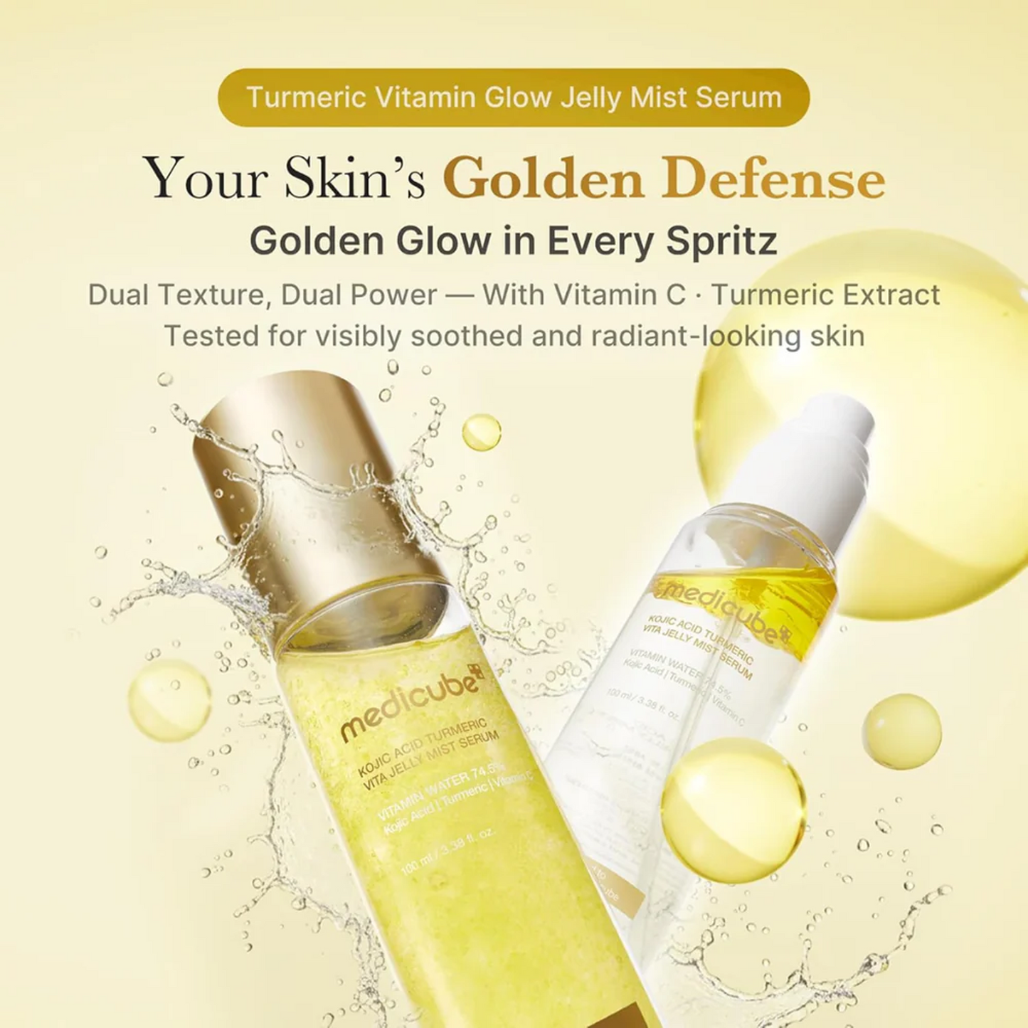 Key benefits of Medicube Kojic Acid Turmeric Vita Jelly Mist Serum: brightening, calming redness and lasting hydration