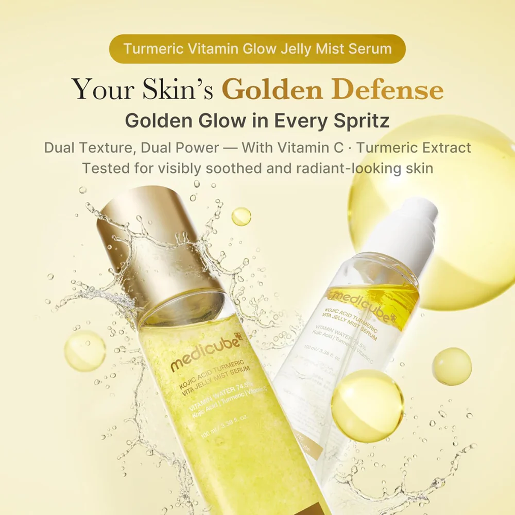 Key benefits of Medicube Kojic Acid Turmeric Vita Jelly Mist Serum: brightening, calming redness and lasting hydration