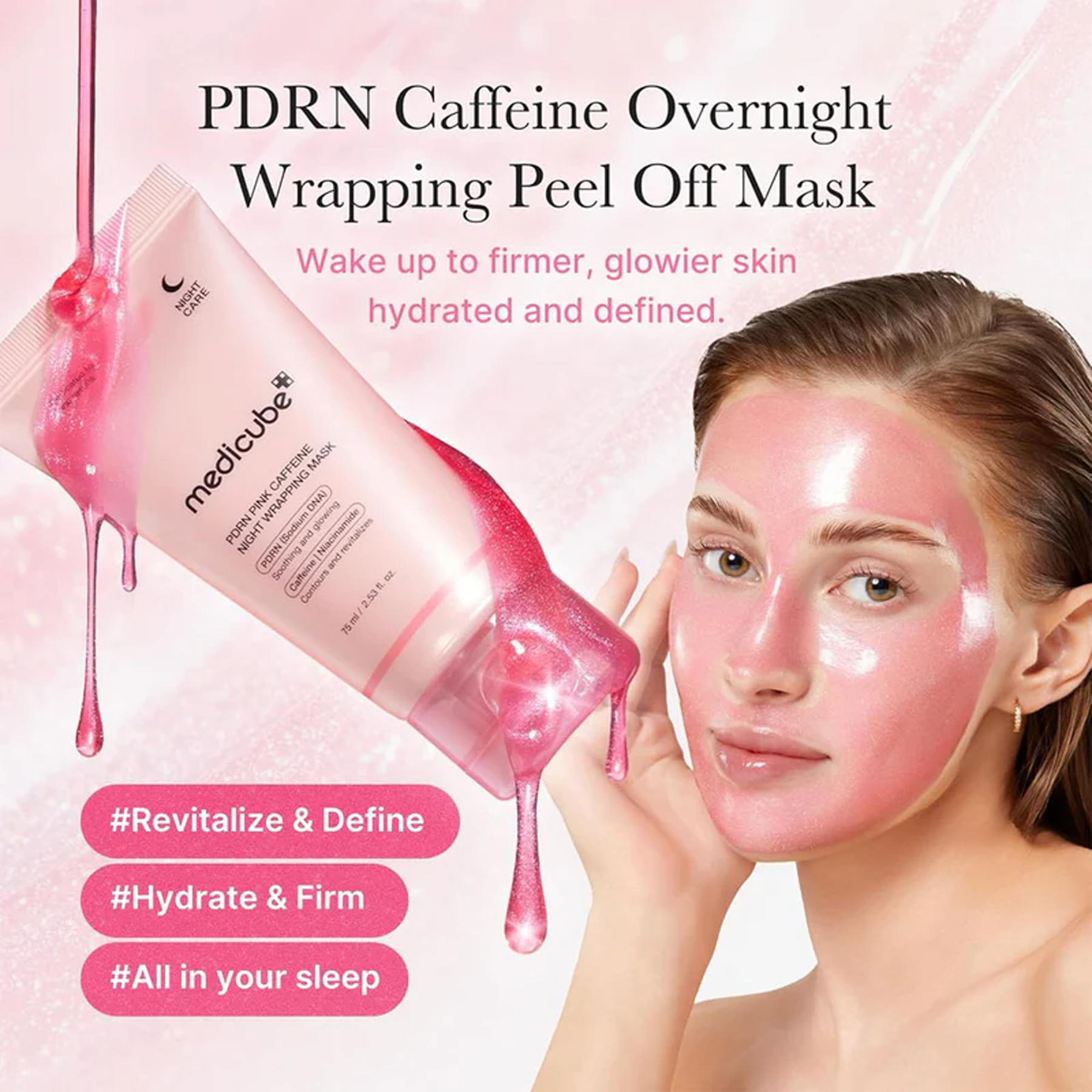 Medicube PDRN Pink Caffeine Night Wrapping Mask advantages — PDRN, caffeine and peptide complex