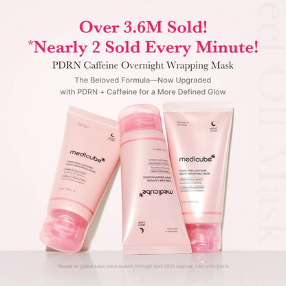 Key benefits of Medicube PDRN Pink Caffeine Night Wrapping Mask: reduces puffiness, nourishes overnight and adds glow