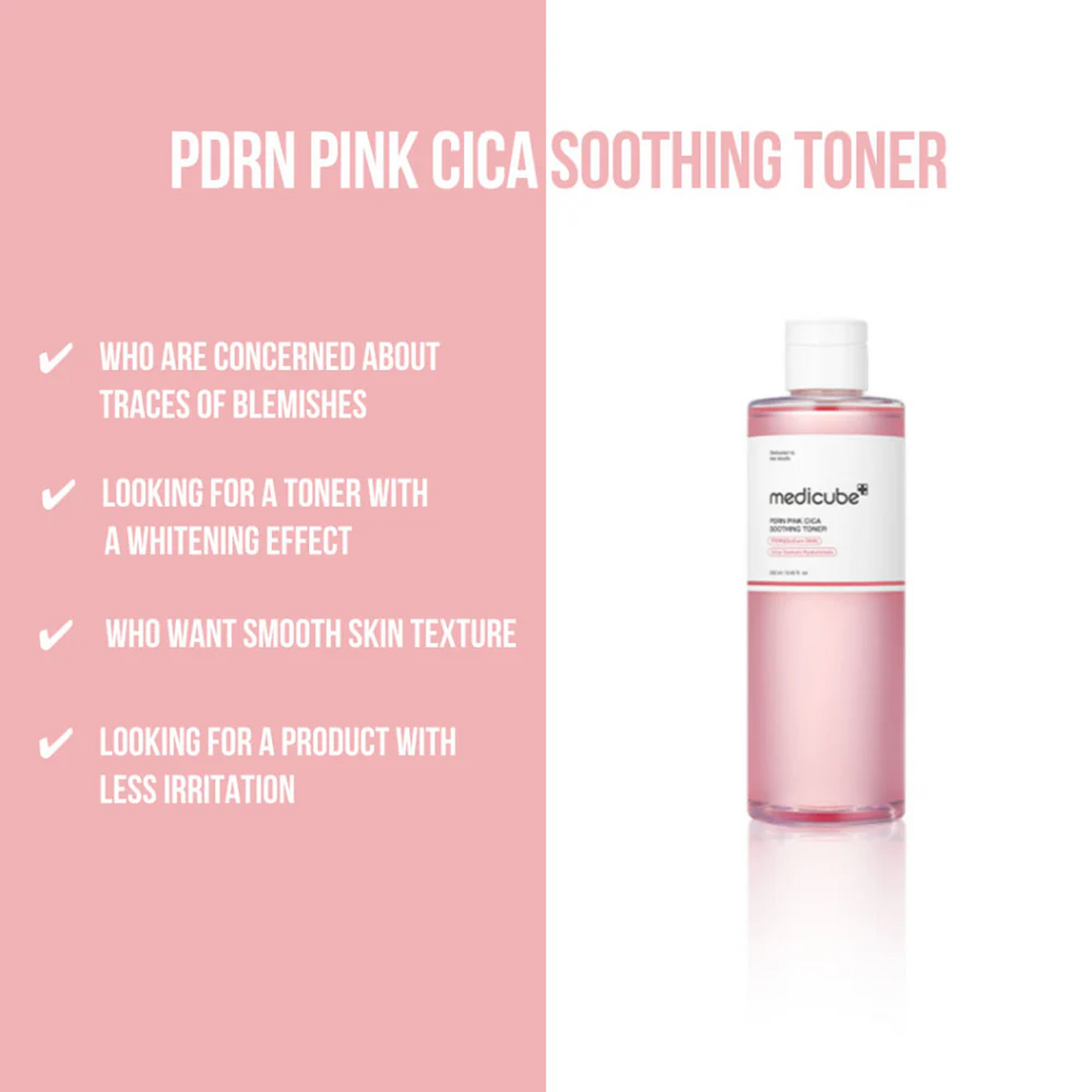 Key benefits of Medicube PDRN Pink Cica Soothing Toner: soothes redness, hydrates and improves skin texture