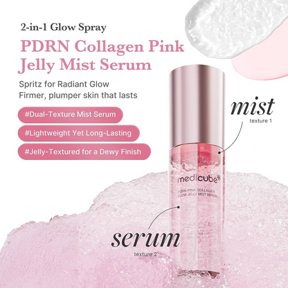 Key benefits of Medicube PDRN Pink Collagen Glow Jelly Mist Serum: glow, hydration and a refreshed look