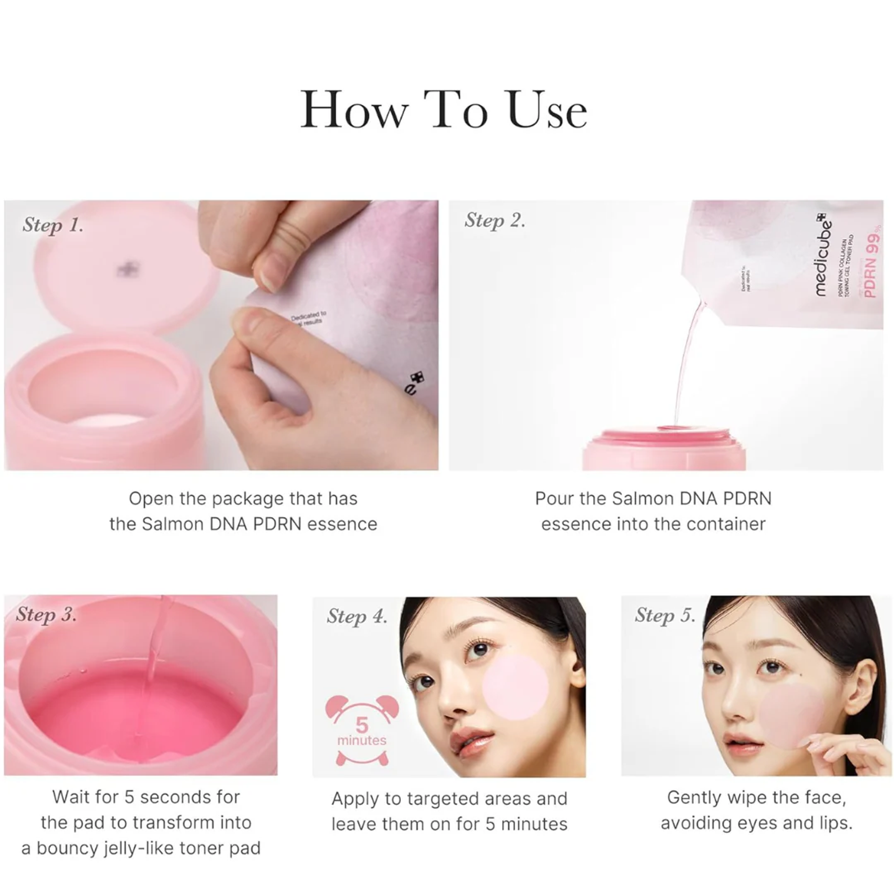 Key benefits of Medicube PDRN Pink Collagen Toning Gel Toner Pad: 99% salmon PDRN, collagen plumping and niacinamide brightening
