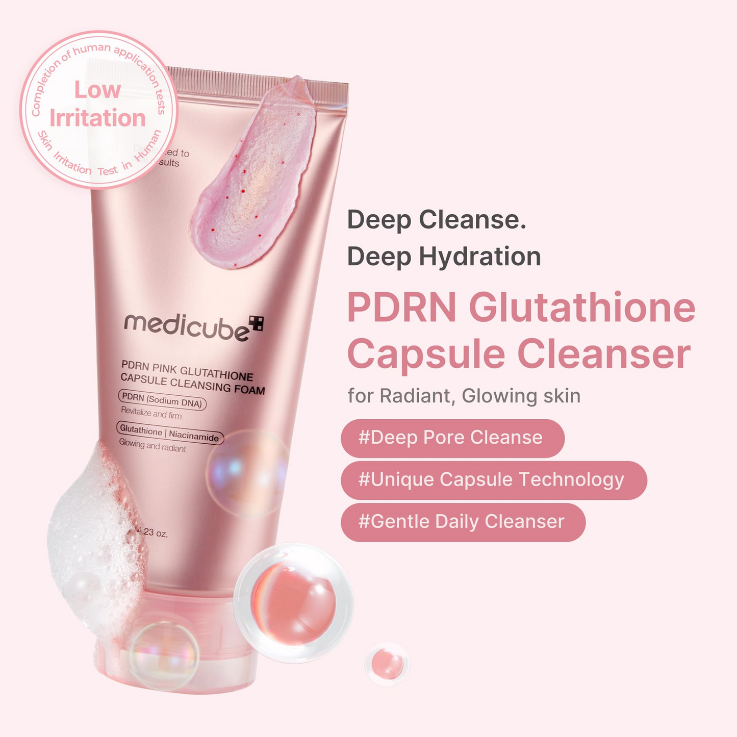 Key benefits of Medicube PDRN Pink Glutathione Capsule Cleansing Foam: gentle cleansing, brighter tone and comfort