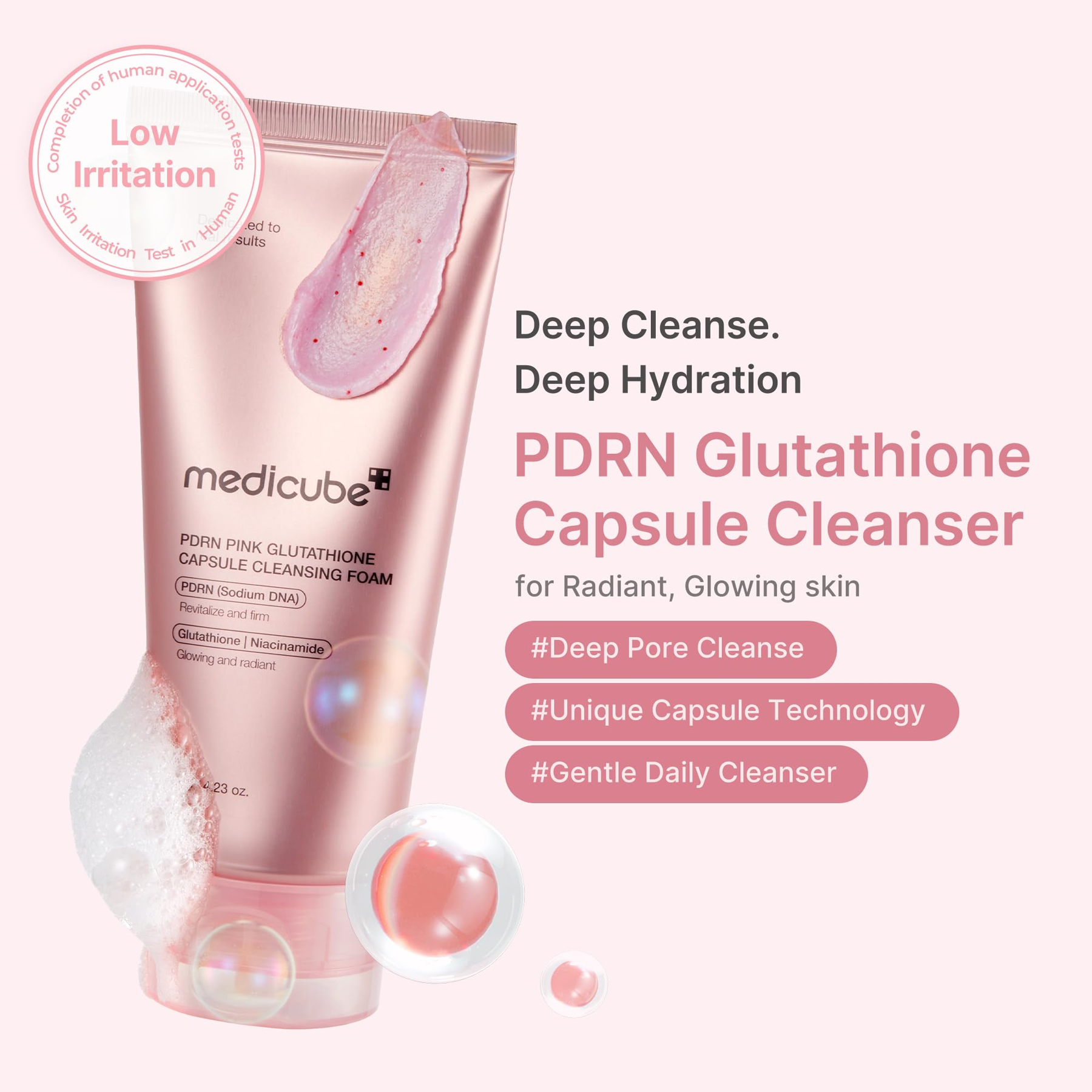 Key benefits of Medicube PDRN Pink Glutathione Capsule Cleansing Foam: gentle cleansing, brighter tone and comfort