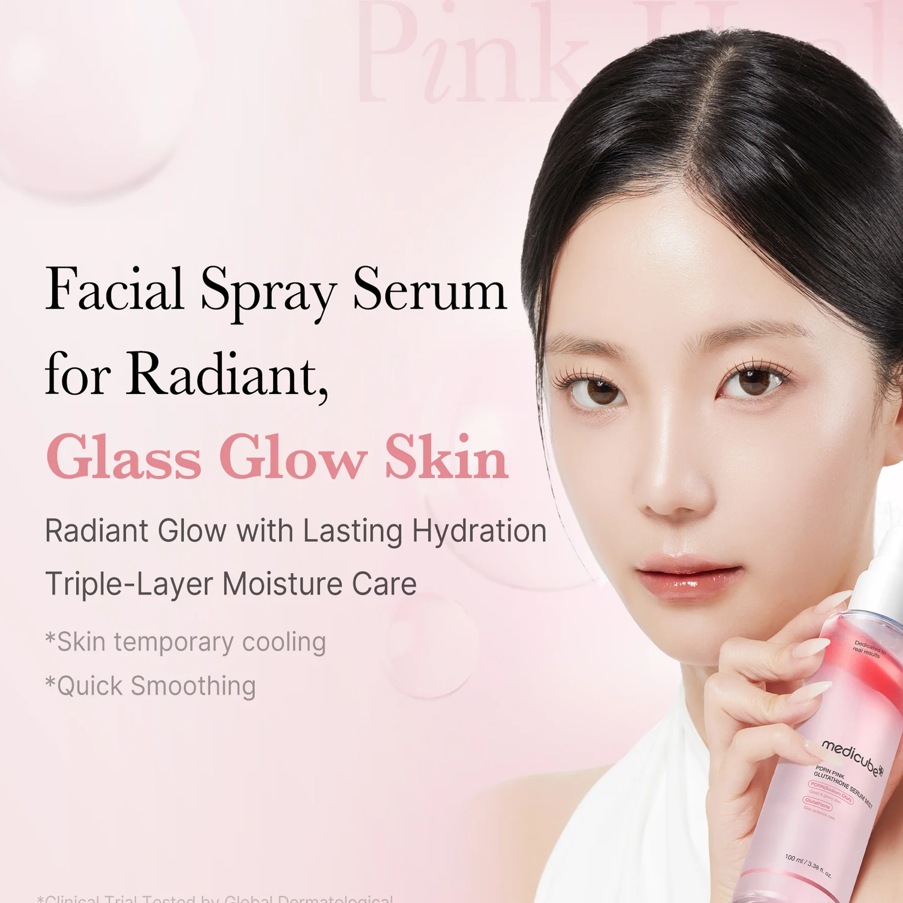 Key benefits of Medicube PDRN Pink Glutathione Serum Mist: instant cooling, glow boost and hydration