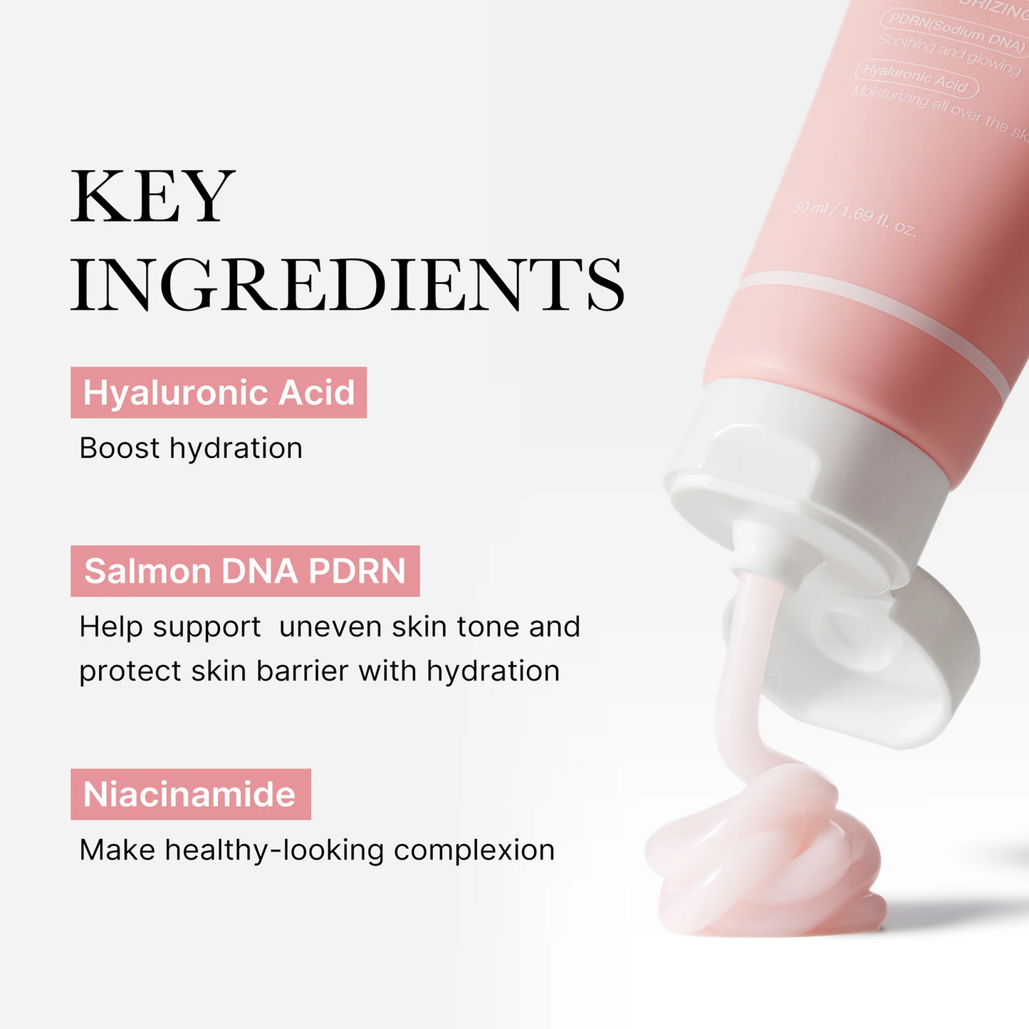 Key ingredients of Medicube PDRN Pink Hyaluronic Moisturizing Cream: PDRN sodium DNA, hyaluronic acid and ceramides