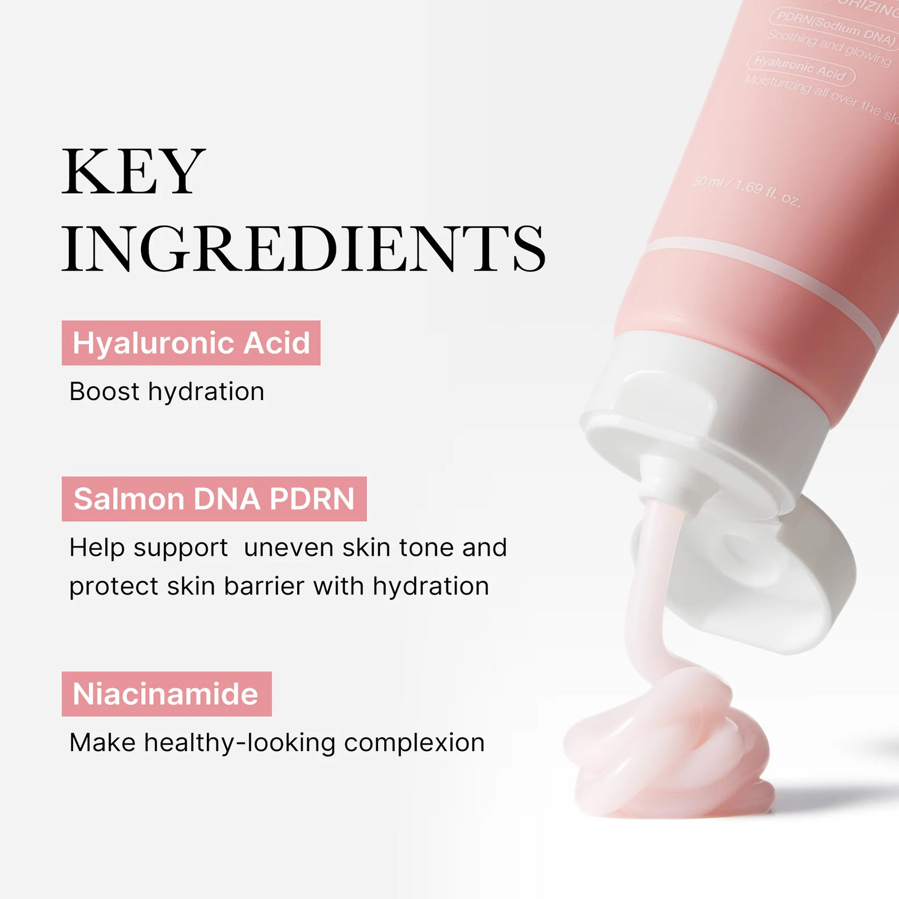 Key ingredients of Medicube PDRN Pink Hyaluronic Moisturizing Cream: PDRN sodium DNA, hyaluronic acid and ceramides