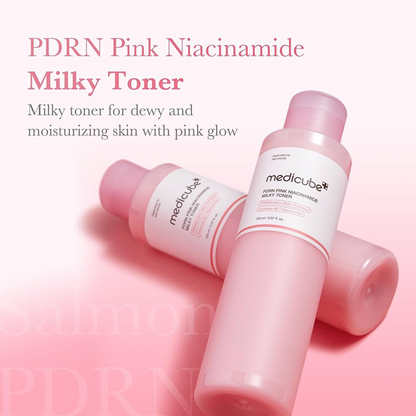 Medicube PDRN Pink Niacinamide Milky Toner advantages — salmon DNA PDRN with peptides and niacinamide