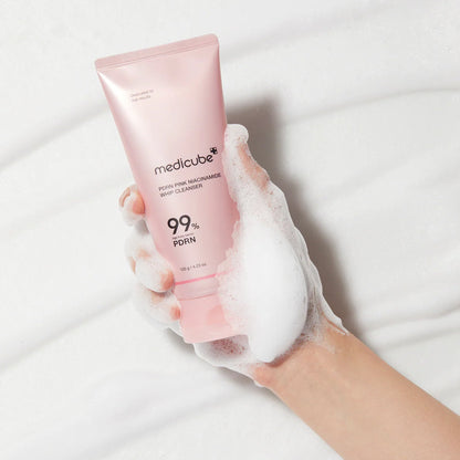 Key benefits of Medicube PDRN Pink Niacinamide Whip Cleanser: gentle foaming cleanse, brighter tone and soft skin