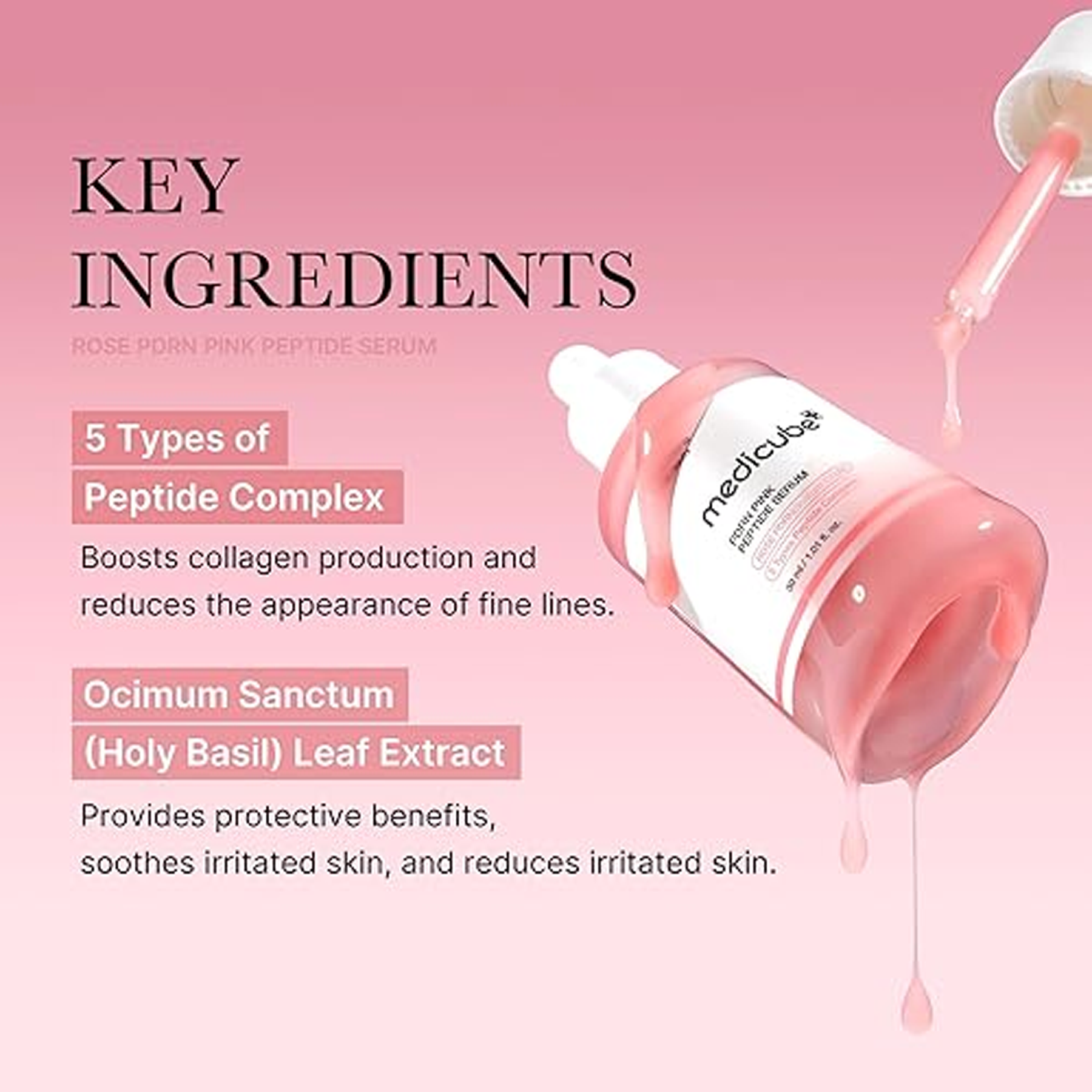 Key ingredients of Medicube PDRN Pink Peptide Serum: 10,000 ppm salmon PDRN, peptide complex and niacinamide