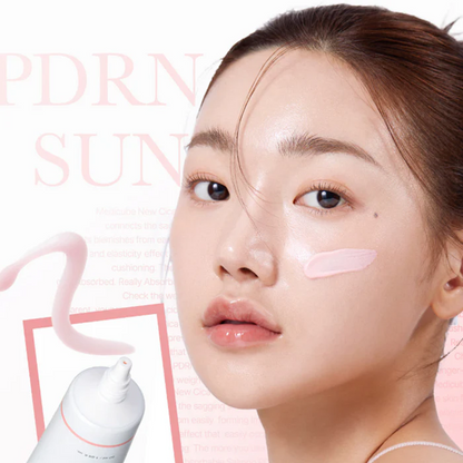 Key benefits of Medicube PDRN Pink Tone Up Sun Cream: high UV protection, a brightening pink finish and skin comfort