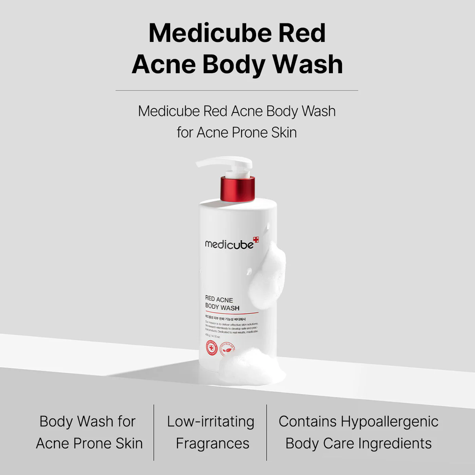 Key benefits of Medicube Red Acne Body Wash: clearer back and chest skin, unclogged pores and calmer breakouts