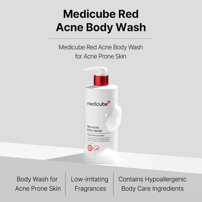 Key benefits of Medicube Red Acne Body Wash: clearer back and chest skin, unclogged pores and calmer breakouts