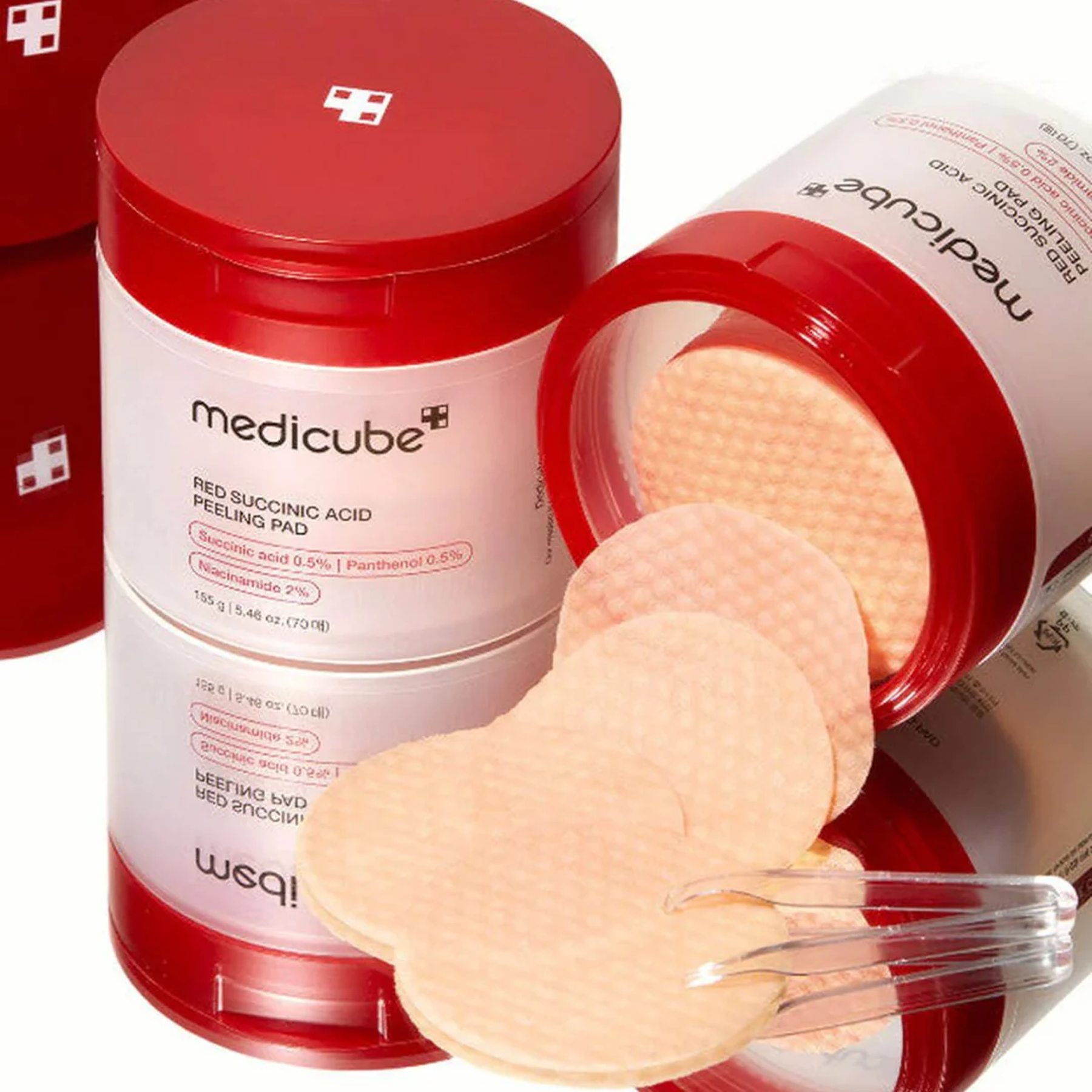 Key benefits of Medicube Red Succinic Acid Peeling Pad: calms breakouts, controls oil and clears congested pores