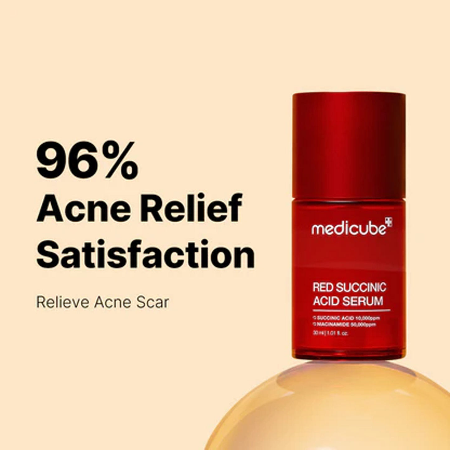 Key benefits of Medicube Red Succinic Acid Serum: calms breakouts, controls sebum and soothes redness