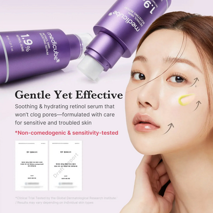 Key benefits of Medicube Retinol NMN Boosting Serum: smoother texture, softened fine lines and firmer skin